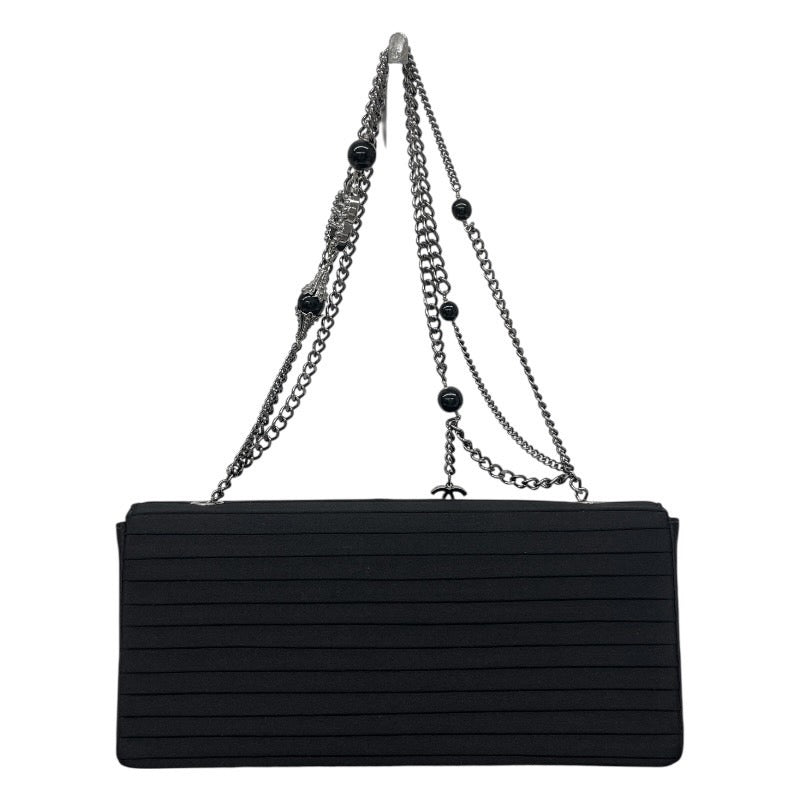 【CHANEL】シャネル ビジュー付 チェーンワンショルダー ショルダーバッグ サテン レディース 8番 黒 ブラック ターンロック ココマーク パーティバッグ