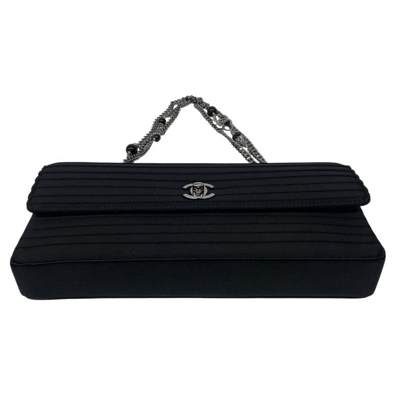 【CHANEL】シャネル ビジュー付 チェーンワンショルダー ショルダーバッグ サテン レディース 8番 黒 ブラック ターンロック ココマーク パーティバッグ