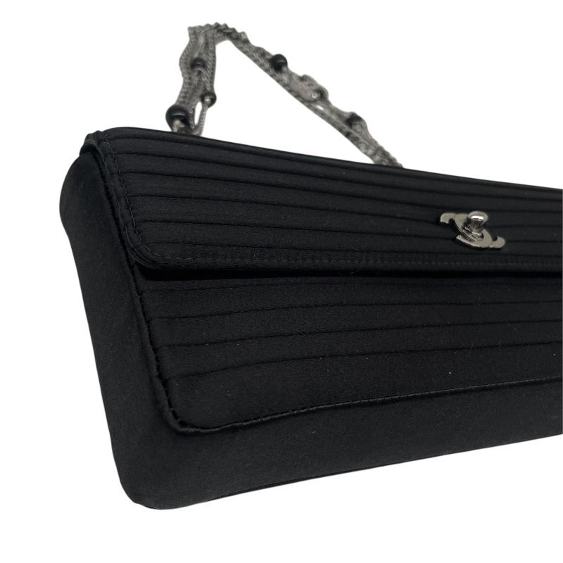 【CHANEL】シャネル ビジュー付 チェーンワンショルダー ショルダーバッグ サテン レディース 8番 黒 ブラック ターンロック ココマーク パーティバッグ