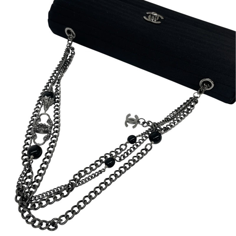 【CHANEL】シャネル ビジュー付 チェーンワンショルダー ショルダーバッグ サテン レディース 8番 黒 ブラック ターンロック ココマーク パーティバッグ