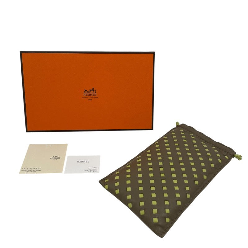 【HERMES】エルメス ポシェットピローPM ポーチ レザー レディース グレー グリーン 巾着 眼鏡 メガネケース