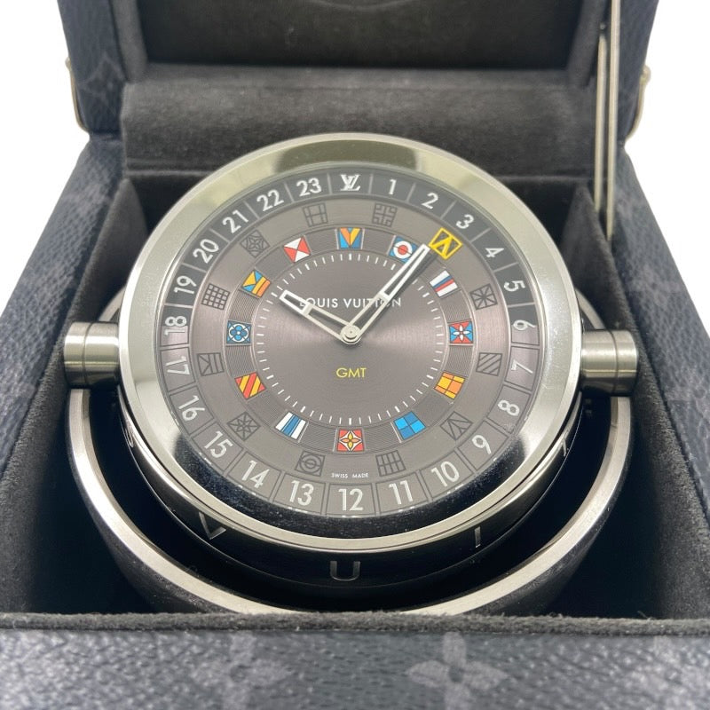 【LOUIS VUITTON】ルイ・ヴィトン タンブール デュアルタイム テーブルクロック Q1Q030 置時計ユニセックス トランク モノグラムエクリプス