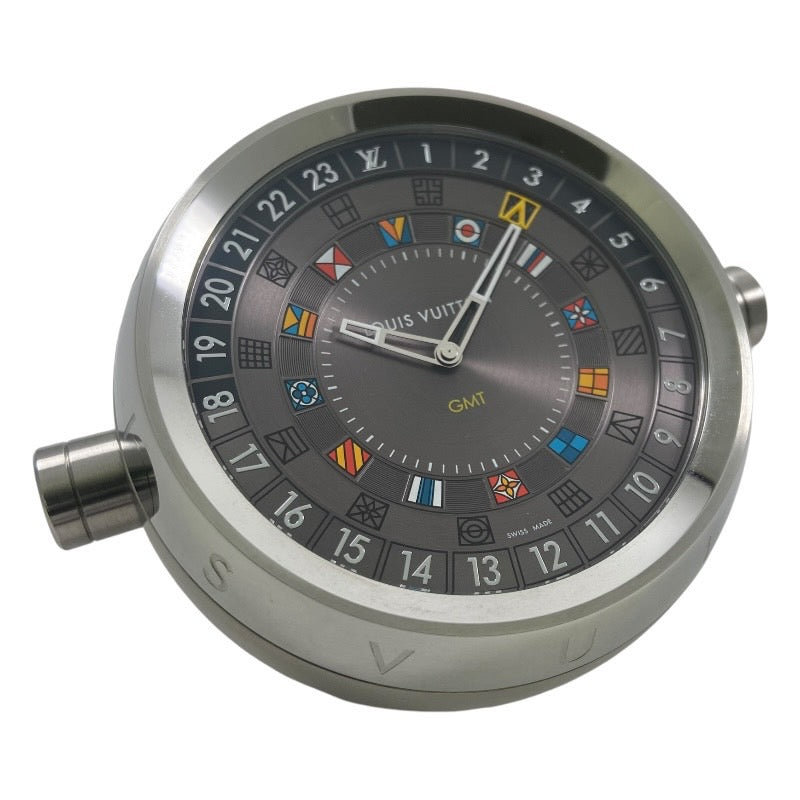 【LOUIS VUITTON】ルイ・ヴィトン タンブール デュアルタイム テーブルクロック Q1Q030 置時計ユニセックス トランク モノグラムエクリプス