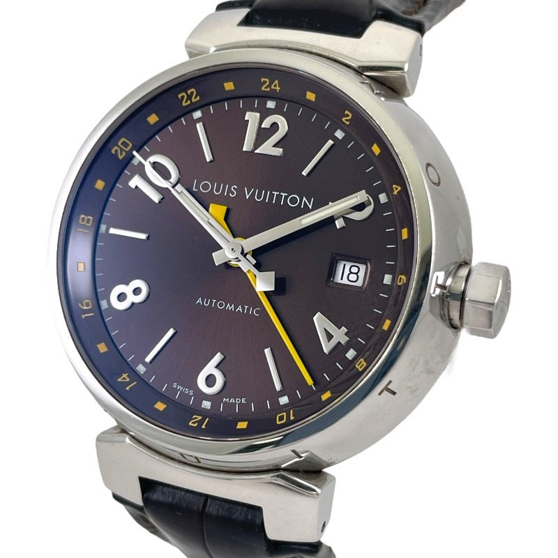 【LOUIS VUITTON】ルイ・ヴィトン タンブール GMT Q1131 腕時計 SS/レザーメンズ ブラウン文字盤 デイト