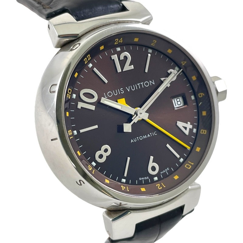 【LOUIS VUITTON】ルイ・ヴィトン タンブール GMT Q1131 腕時計 SS/レザーメンズ ブラウン文字盤 デイト