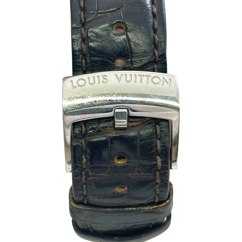 【LOUIS VUITTON】ルイ・ヴィトン タンブール GMT Q1131 腕時計 SS/レザーメンズ ブラウン文字盤 デイト