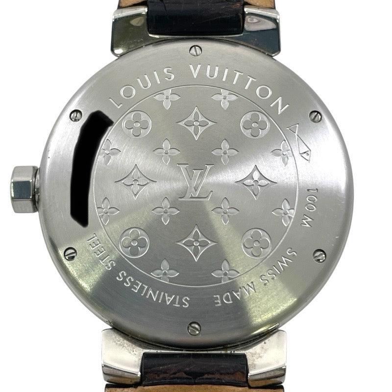 【LOUIS VUITTON】ルイ・ヴィトン タンブール GMT Q1131 腕時計 SS/レザーメンズ ブラウン文字盤 デイト