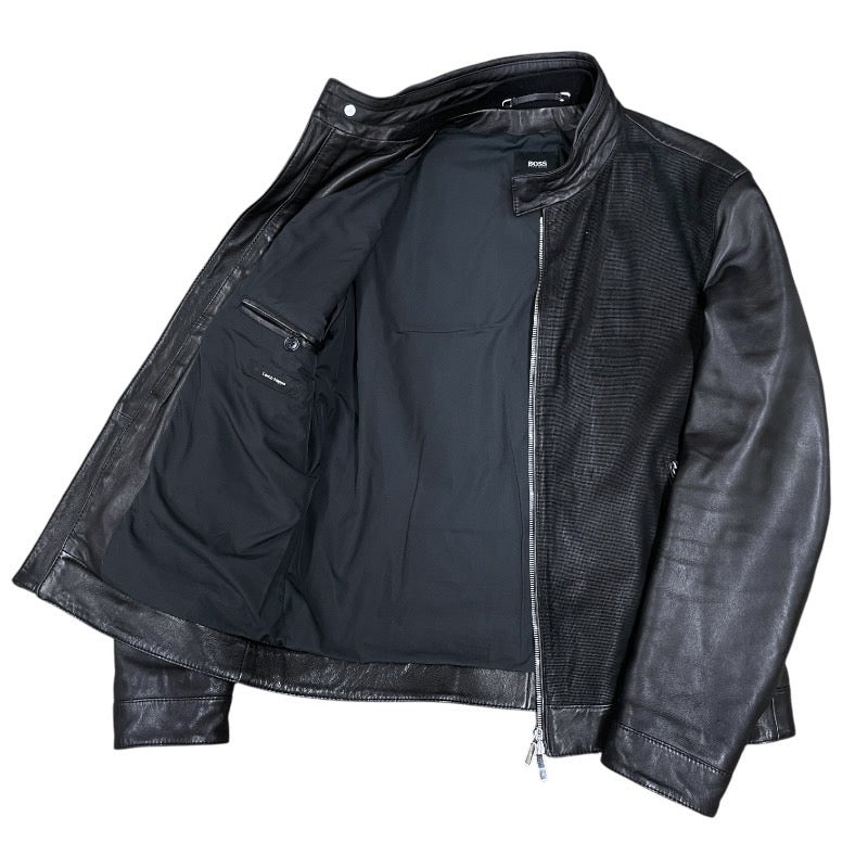 【HUGO BOSS】ヒューゴボス レザー シングル ライダースジャケット レザー メンズ TAILORED 黒 ブラック サイズ48