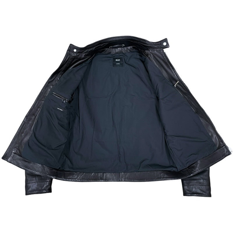 【HUGO BOSS】ヒューゴボス レザー シングル ライダースジャケット レザー メンズ TAILORED 黒 ブラック サイズ48