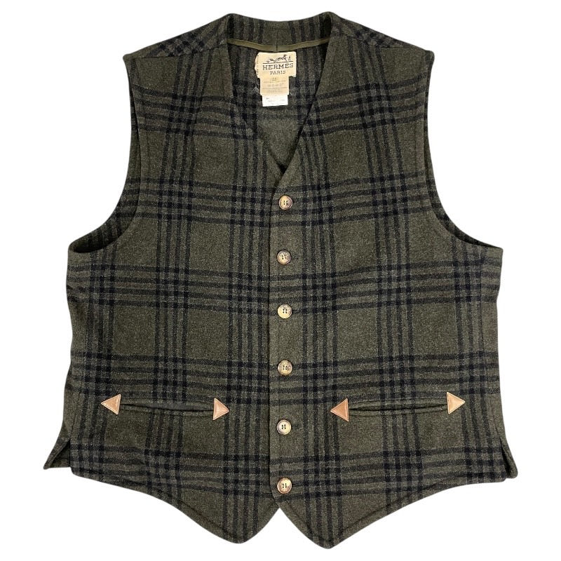 【HERMES】エルメス ジレ チェック柄 ベスト メンズ ウール ジャポンタグ グリーン 緑