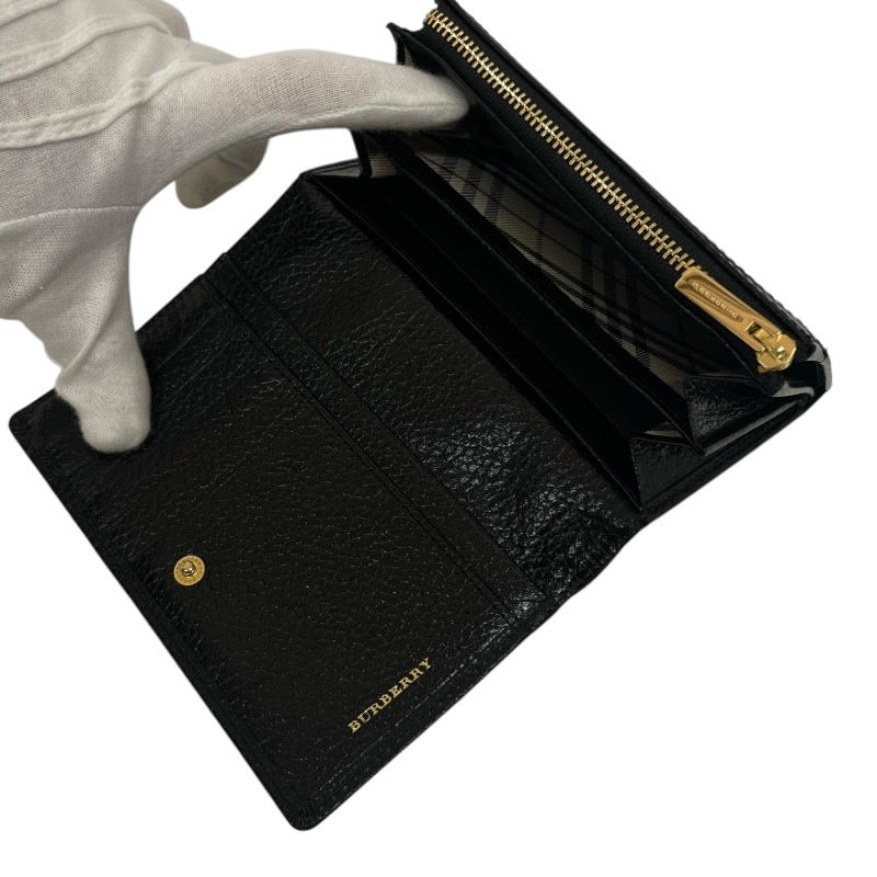 【BURBERRY】バーバリー 二つ折り財布 レザー レディース 黒 ブラック L字ファスナー 極美品 内側チェック柄
