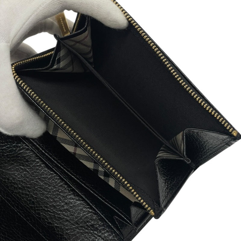 【BURBERRY】バーバリー 二つ折り財布 レザー レディース 黒 ブラック L字ファスナー 極美品 内側チェック柄