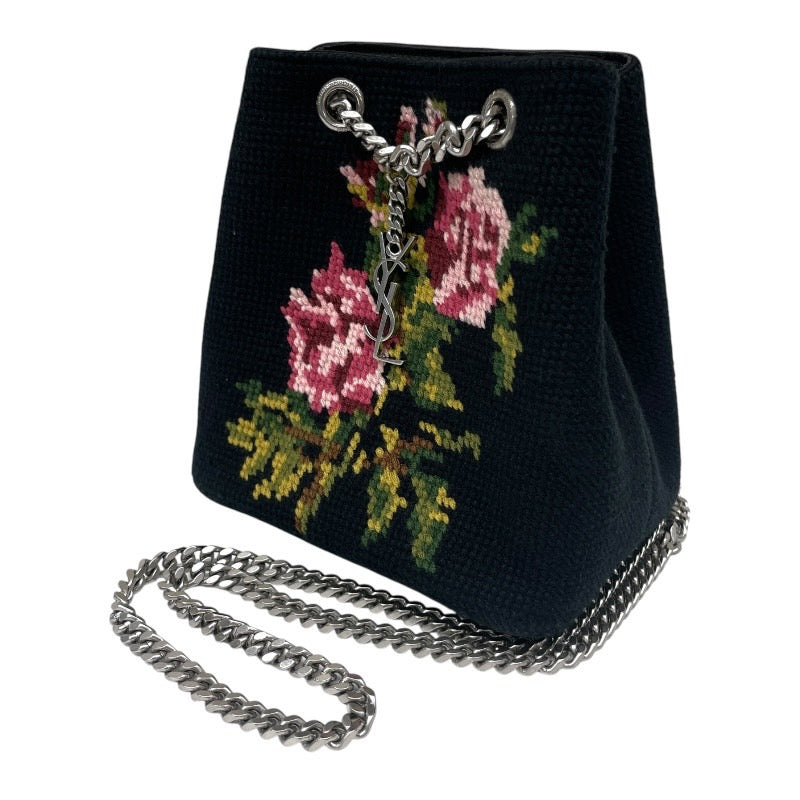 【SAINT LAURENT PARIS】サンローランパリ 2WAY ハンド チェーン 巾着 425068 ショルダーバッグ キャンバス レディース 刺繍 花 フラワー 黒 ブラック