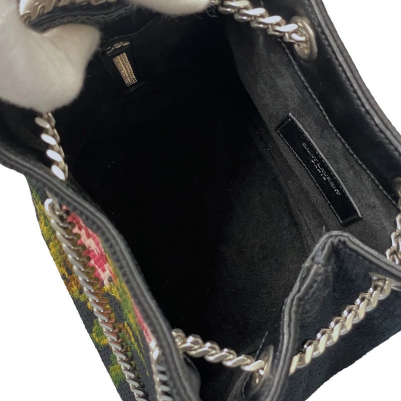 【SAINT LAURENT PARIS】サンローランパリ 2WAY ハンド チェーン 巾着 425068 ショルダーバッグ キャンバス レディース 刺繍 花 フラワー 黒 ブラック