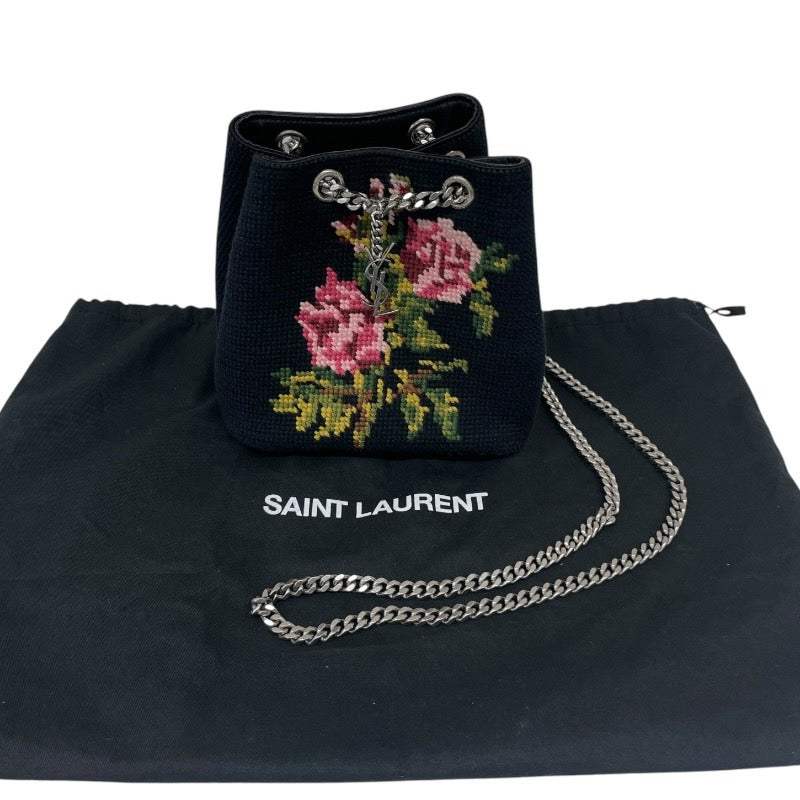 【SAINT LAURENT PARIS】サンローランパリ 2WAY ハンド チェーン 巾着 425068 ショルダーバッグ キャンバス レディース 刺繍 花 フラワー 黒 ブラック