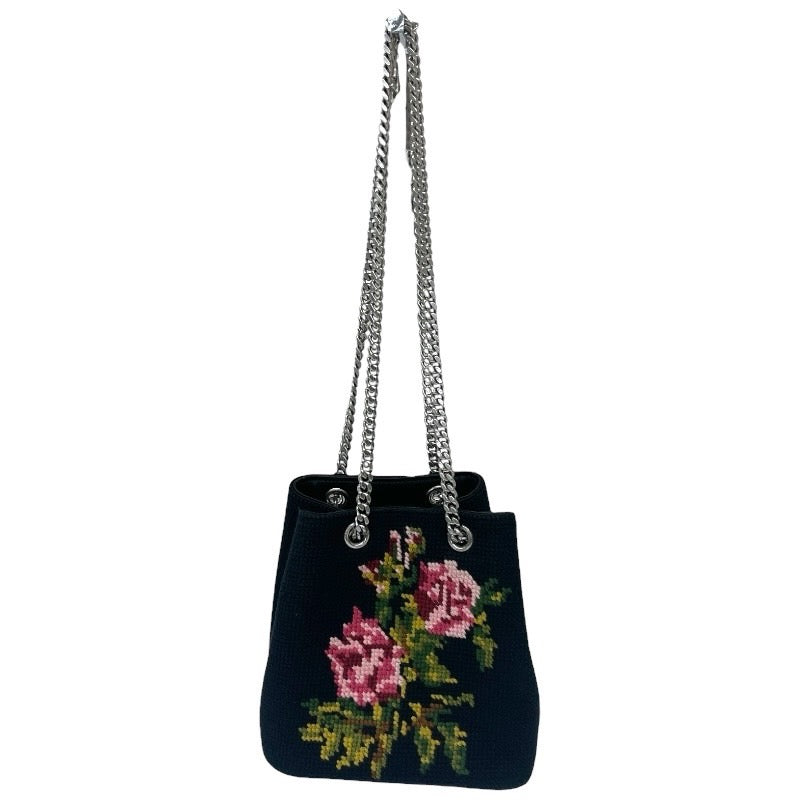 【SAINT LAURENT PARIS】サンローランパリ 2WAY ハンド チェーン 巾着 425068 ショルダーバッグ キャンバス レディース 刺繍 花 フラワー 黒 ブラック