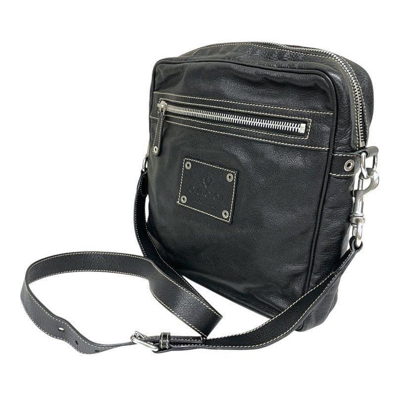 【GUCCI】グッチ クロスボディ 201451 ショルダーバッグ レザー メンズ ロゴ 黒 ブラック オールレザー