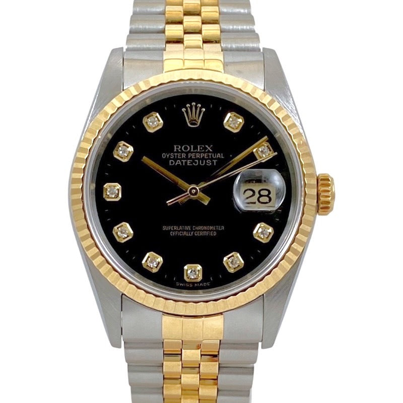 【ROLEX】ロレックス デイトジャスト36 16233G 腕時計 SS/YG メンズ T番 黒文字盤 10P ダイヤモンド