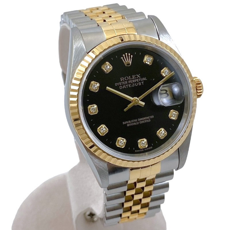 【ROLEX】ロレックス デイトジャスト36 16233G 腕時計 SS/YG メンズ T番 黒文字盤 10P ダイヤモンド