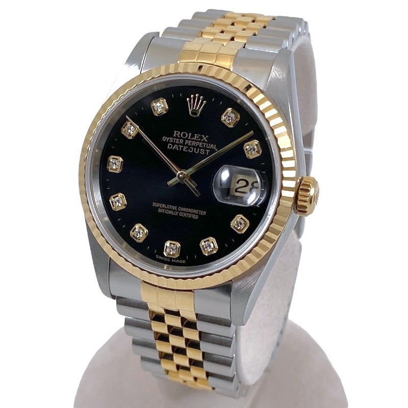 【ROLEX】ロレックス デイトジャスト36 16233G 腕時計 SS/YG メンズ T番 黒文字盤 10P ダイヤモンド