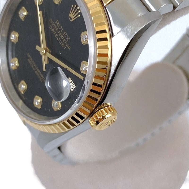 【ROLEX】ロレックス デイトジャスト36 16233G 腕時計 SS/YG メンズ T番 黒文字盤 10P ダイヤモンド