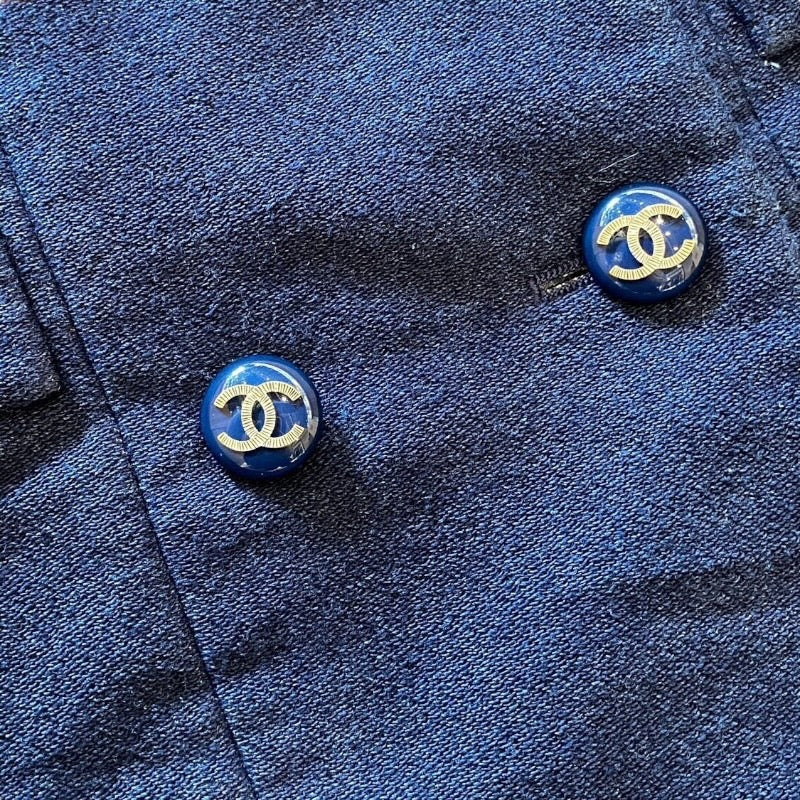 【CHANEL】シャネル CC刺繍裏地 CCグラスボタン ピーコート コットン レディース 紺 インディゴブルー ロング