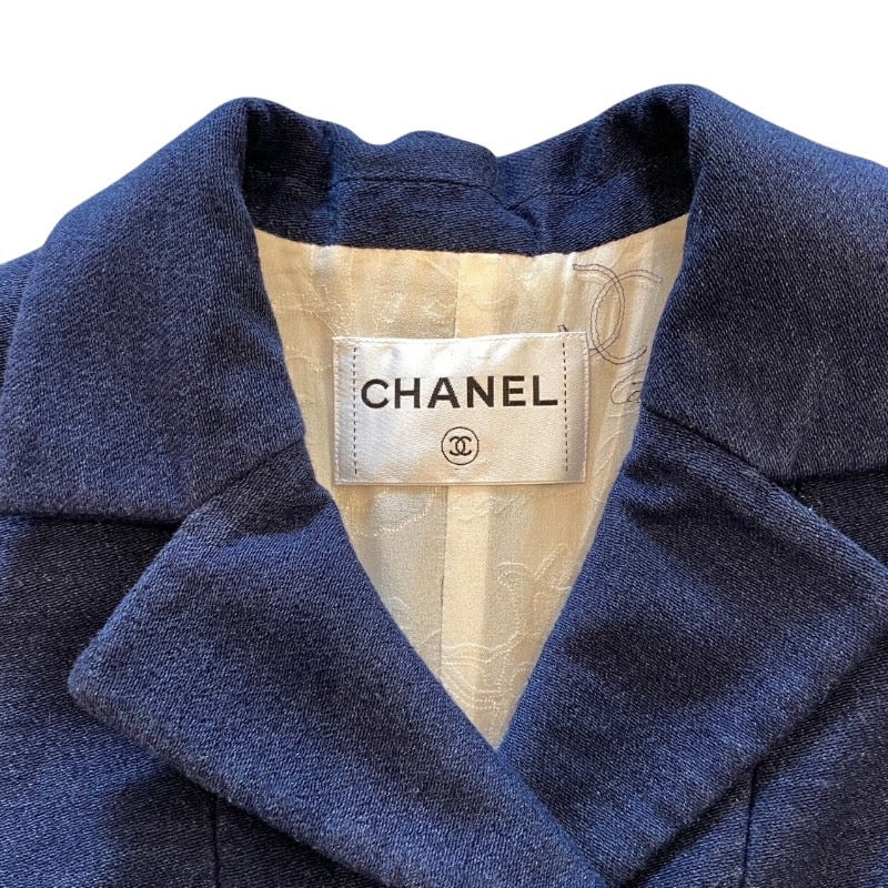 【CHANEL】シャネル CC刺繍裏地 CCグラスボタン ピーコート コットン レディース 紺 インディゴブルー ロング