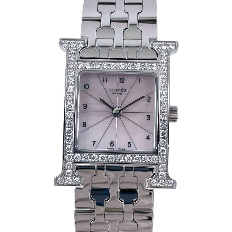 【HERMES】エルメス Hウォッチ HH1.230.214/4804 腕時計 ステンレススチール レディース ベゼルダイヤモンド ピンクシェル文字盤