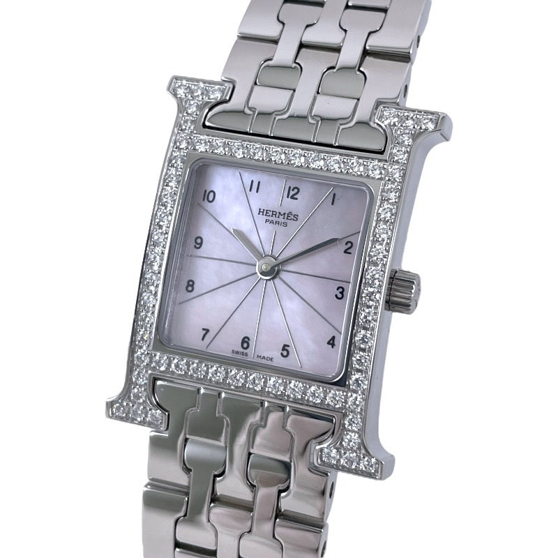 【HERMES】エルメス Hウォッチ HH1.230.214/4804 腕時計 ステンレススチール レディース ベゼルダイヤモンド ピンクシェル文字盤