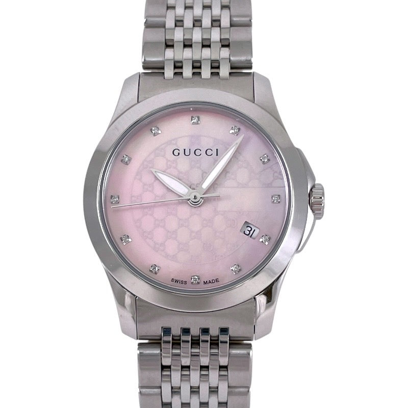 【GUCCI】グッチ Gタイムレス 12PD 126.5 腕時計 ステンレススチール レディース ピンクシェル ダイヤモンド GG文字盤