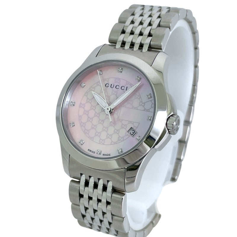 【GUCCI】グッチ Gタイムレス 12PD 126.5 腕時計 ステンレススチール レディース ピンクシェル ダイヤモンド GG文字盤