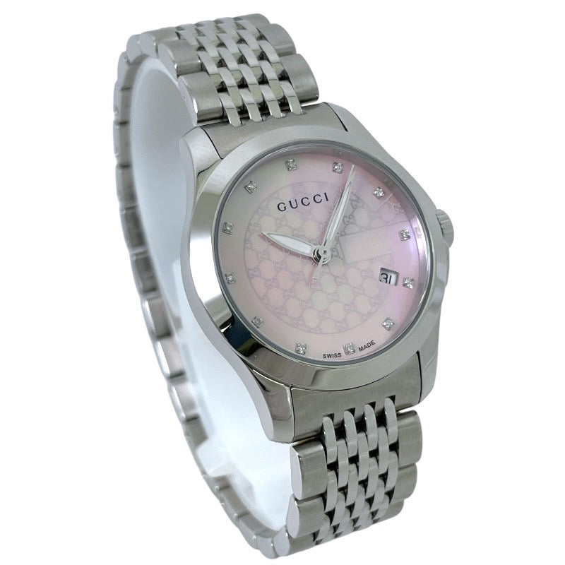 【GUCCI】グッチ Gタイムレス 12PD 126.5 腕時計 ステンレススチール レディース ピンクシェル ダイヤモンド GG文字盤