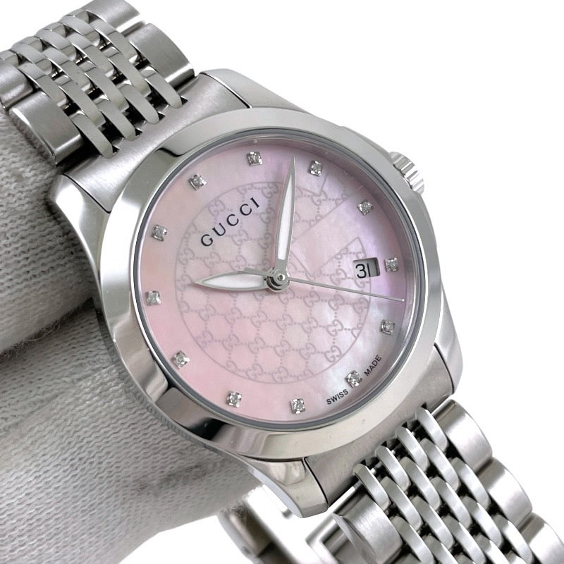 【GUCCI】グッチ Gタイムレス 12PD 126.5 腕時計 ステンレススチール レディース ピンクシェル ダイヤモンド GG文字盤