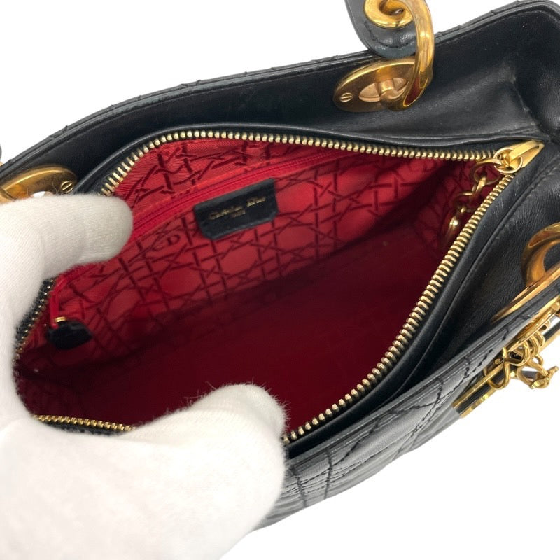 【Christian Dior】クリスチャンディオール レディディオール カナージュ ハンドバッグ レザー レディース 黒 ブラック ゴールド金具