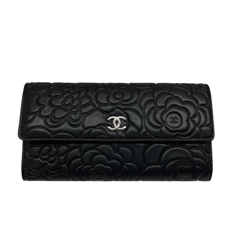 【未使用品】【CHANEL】シャネル カメリア フラップ ロングウォレット A82283 長財布 レザー レディース 未使用品 黒 ブラック