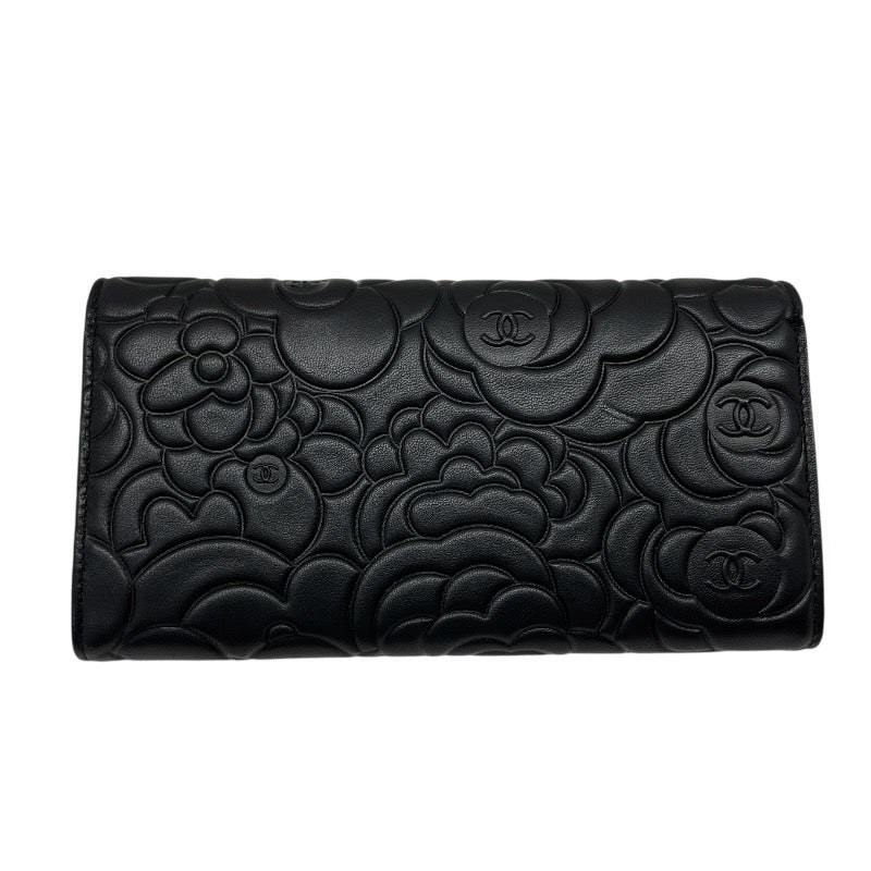 【未使用品】【CHANEL】シャネル カメリア フラップ ロングウォレット A82283 長財布 レザー レディース 未使用品 黒 ブラック