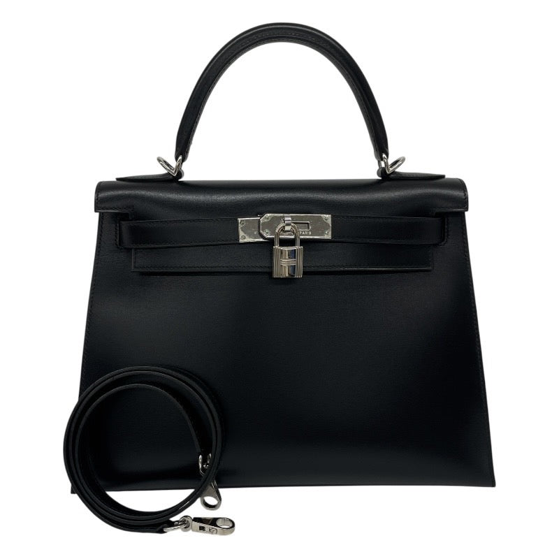 【HERMES】エルメス ケリー28 外縫い ハンドバッグ ボックスカーフ レディース □E刻印 2001年製造 黒 ブラック 2WAY シルバー金具