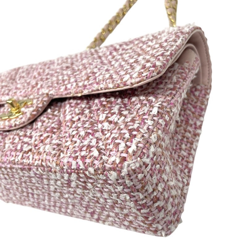 【CHANEL】シャネル ツイード Wフラップ ショルダーバッグ レディース 8番 チェーンショルダー ピンク