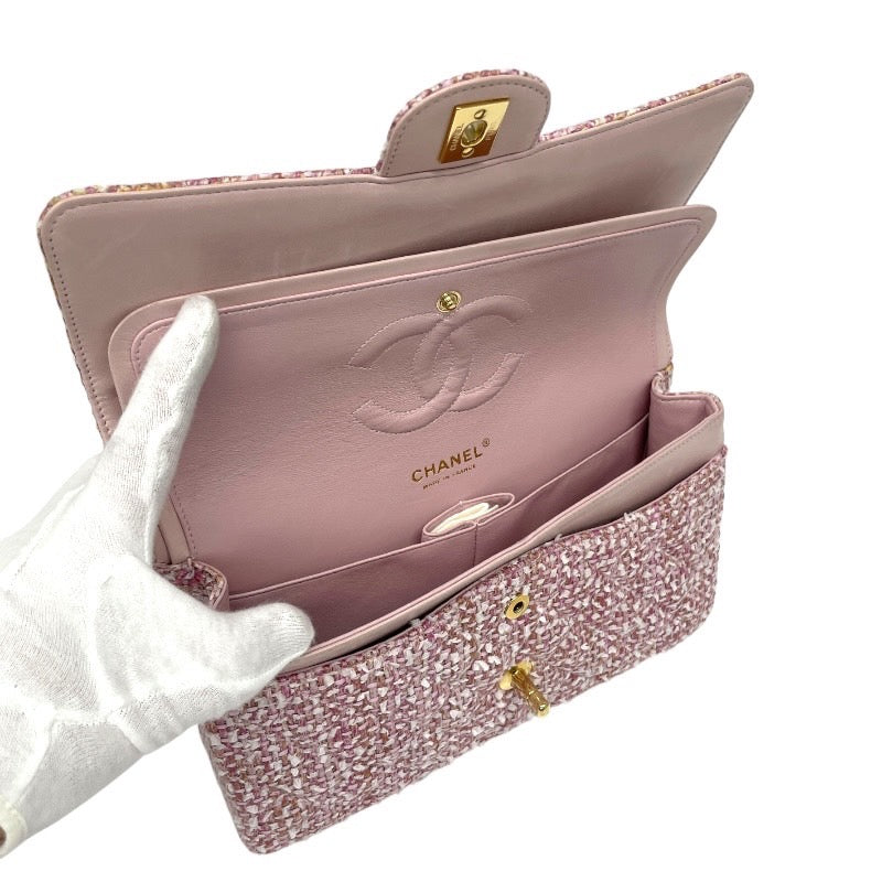 【CHANEL】シャネル ツイード Wフラップ ショルダーバッグ レディース 8番 チェーンショルダー ピンク