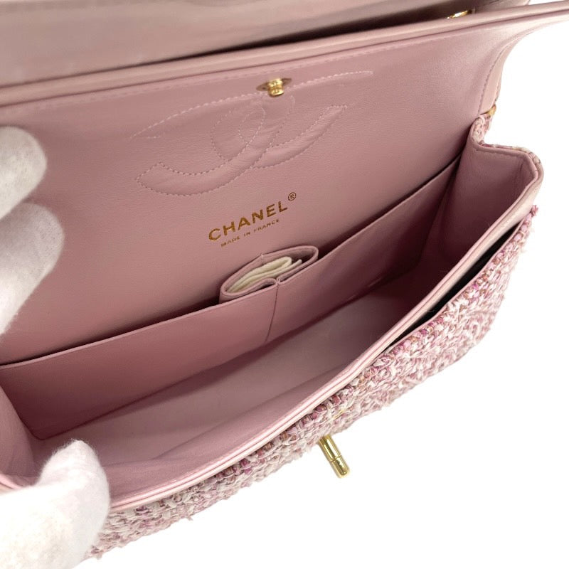 【CHANEL】シャネル ツイード Wフラップ ショルダーバッグ レディース 8番 チェーンショルダー ピンク