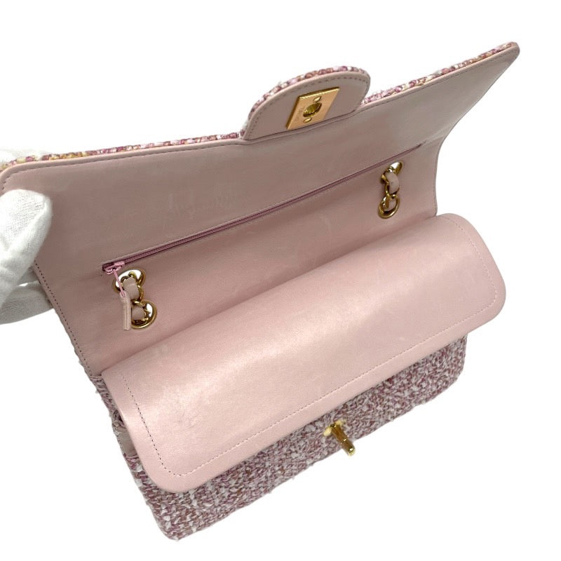 【CHANEL】シャネル ツイード Wフラップ ショルダーバッグ レディース 8番 チェーンショルダー ピンク