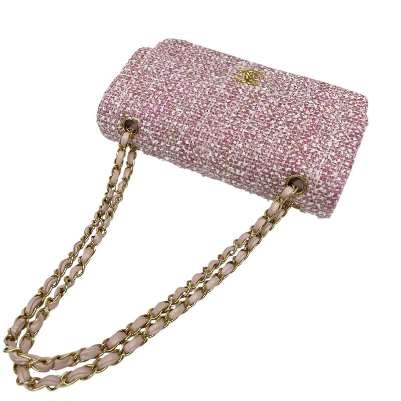 【CHANEL】シャネル ツイード Wフラップ ショルダーバッグ レディース 8番 チェーンショルダー ピンク