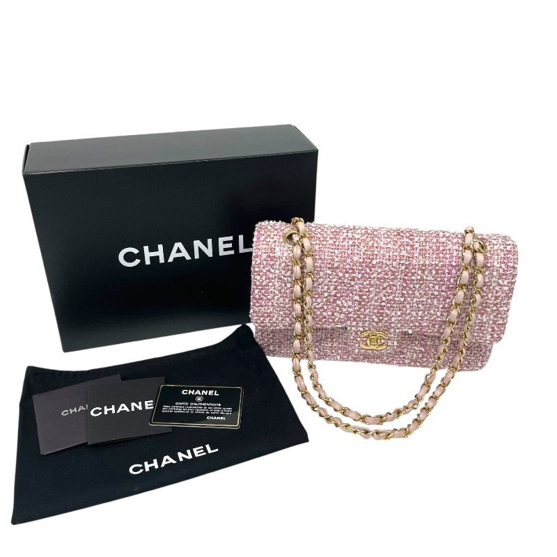 【CHANEL】シャネル ツイード Wフラップ ショルダーバッグ レディース 8番 チェーンショルダー ピンク