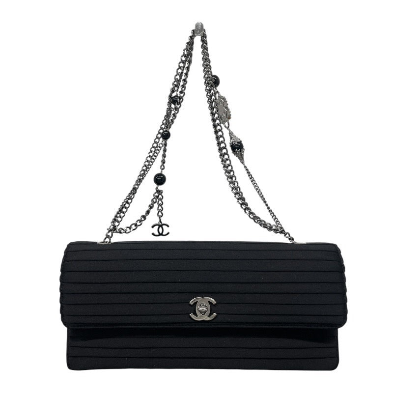 【CHANEL】シャネル ビジュー付 チェーンワンショルダー ショルダーバッグ サテン レディース 8番 黒 ブラック ターンロック ココマーク パーティバッグ