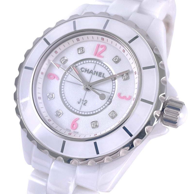 【中古】【CHANEL】シャネル J12 H4863 腕時計 ホワイトセラミックレディース ピンクライト 世界限定1200本 8Pダイヤ