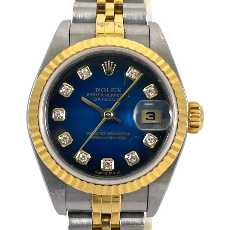 【中古】【ROLEX】ロレックス デイトジャスト26 K番 79173G 腕時計 SS/YG レディース ブルグラ文字盤 10Pダイヤ イエローゴールド コンビ 青文字盤