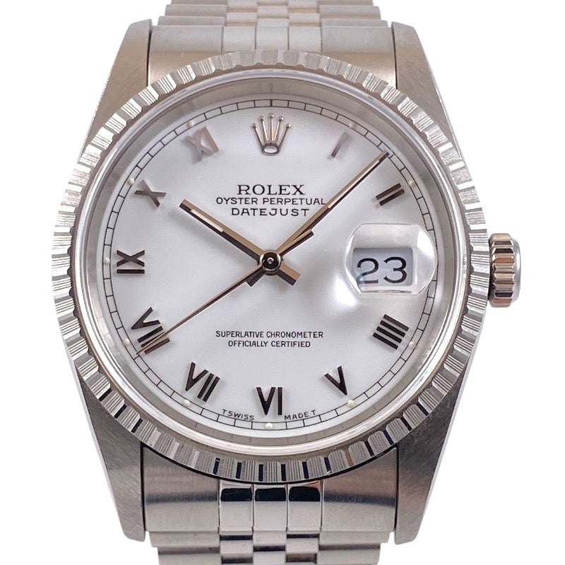 【中古】【ROLEX】ロレックス デイトジャスト 16220 腕時計 ステンレススチールメンズ エングレーブドベゼル  白文字盤  ローマン