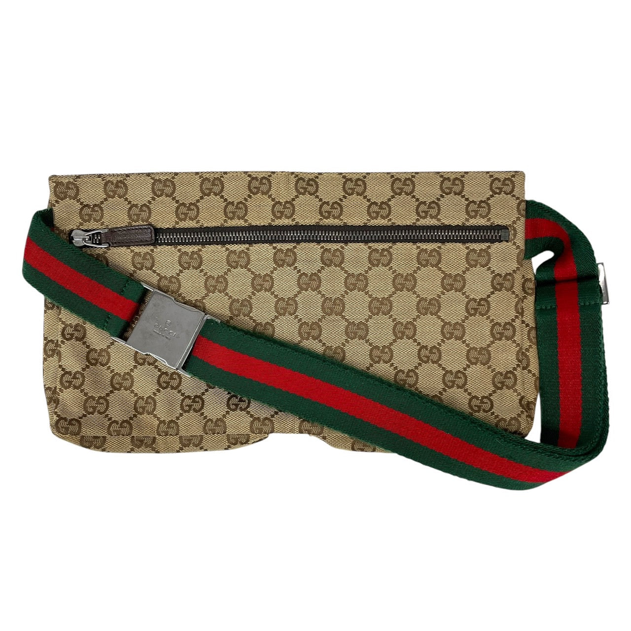 【GUCCI】グッチ GGキャンバス 28566 ウエストバッグメンズ ウエストポーチ ボディバッグ ショルダーバッグ シェリーライン ベージュ こげ茶 レザー