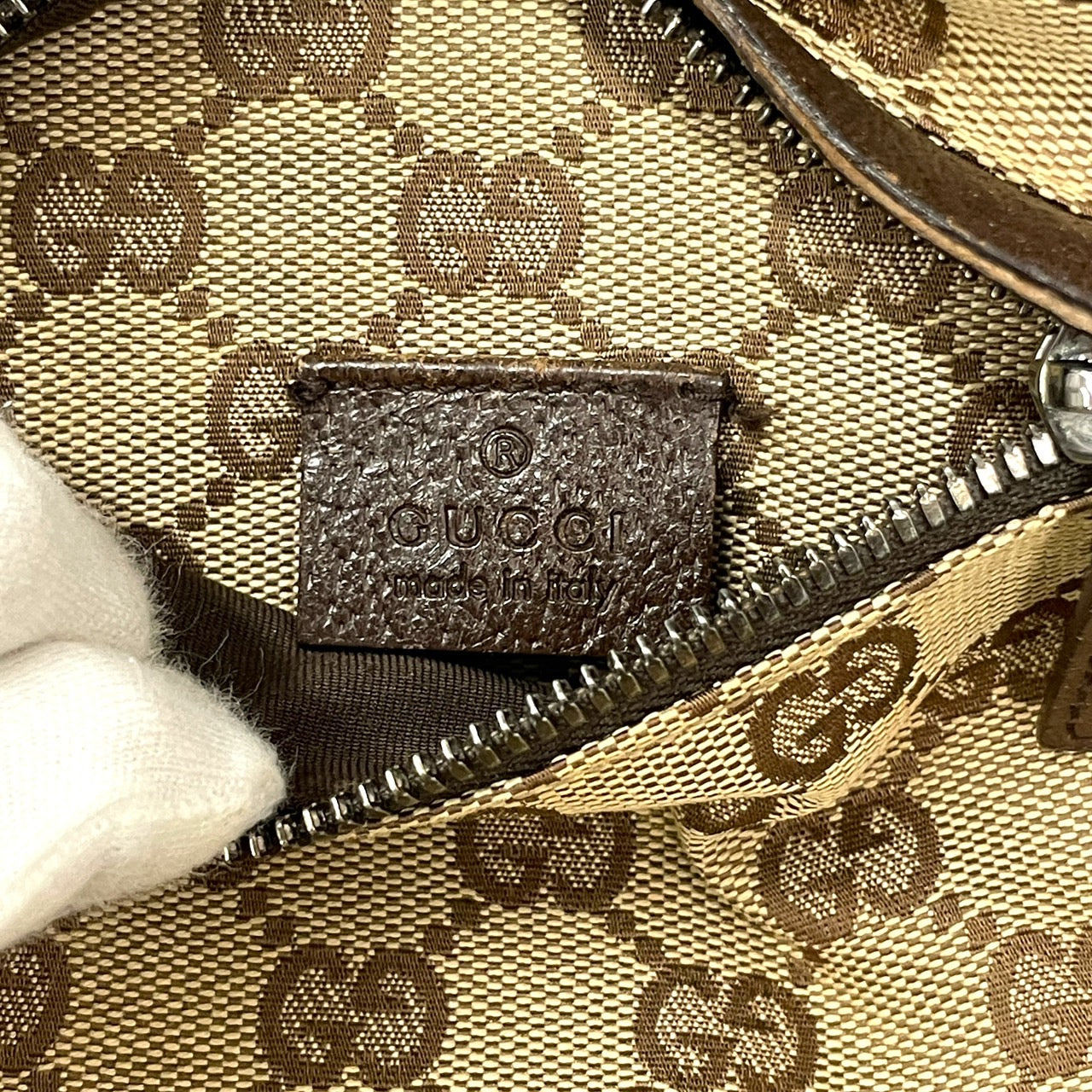 【GUCCI】グッチ GGキャンバス 28566 ウエストバッグメンズ ウエストポーチ ボディバッグ ショルダーバッグ シェリーライン ベージュ こげ茶 レザー