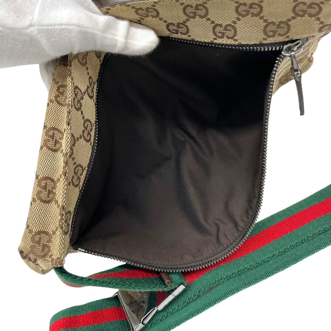 【GUCCI】グッチ GGキャンバス 28566 ウエストバッグメンズ ウエストポーチ ボディバッグ ショルダーバッグ シェリーライン ベージュ こげ茶 レザー